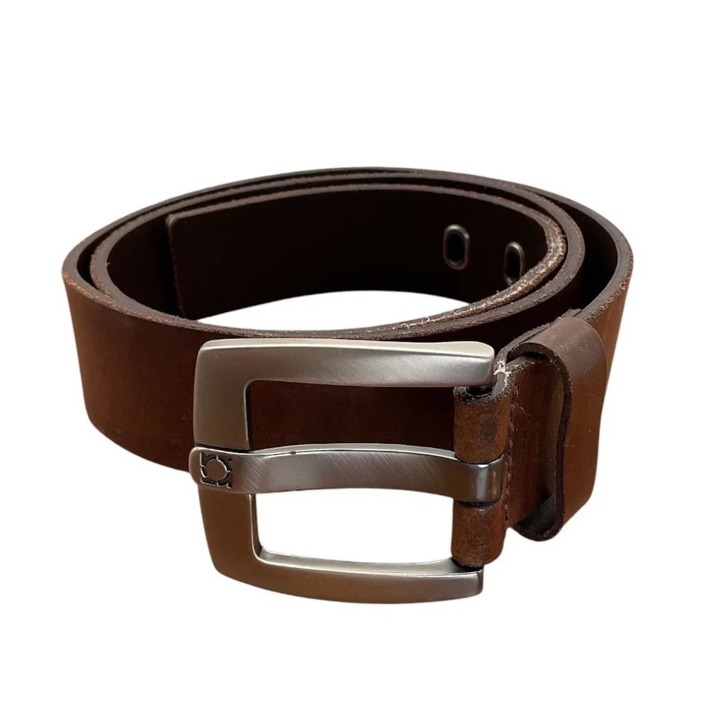 Kenneth Cole Reaction Brown Genuine Leather Belt Silver Buckle‎ Size 38